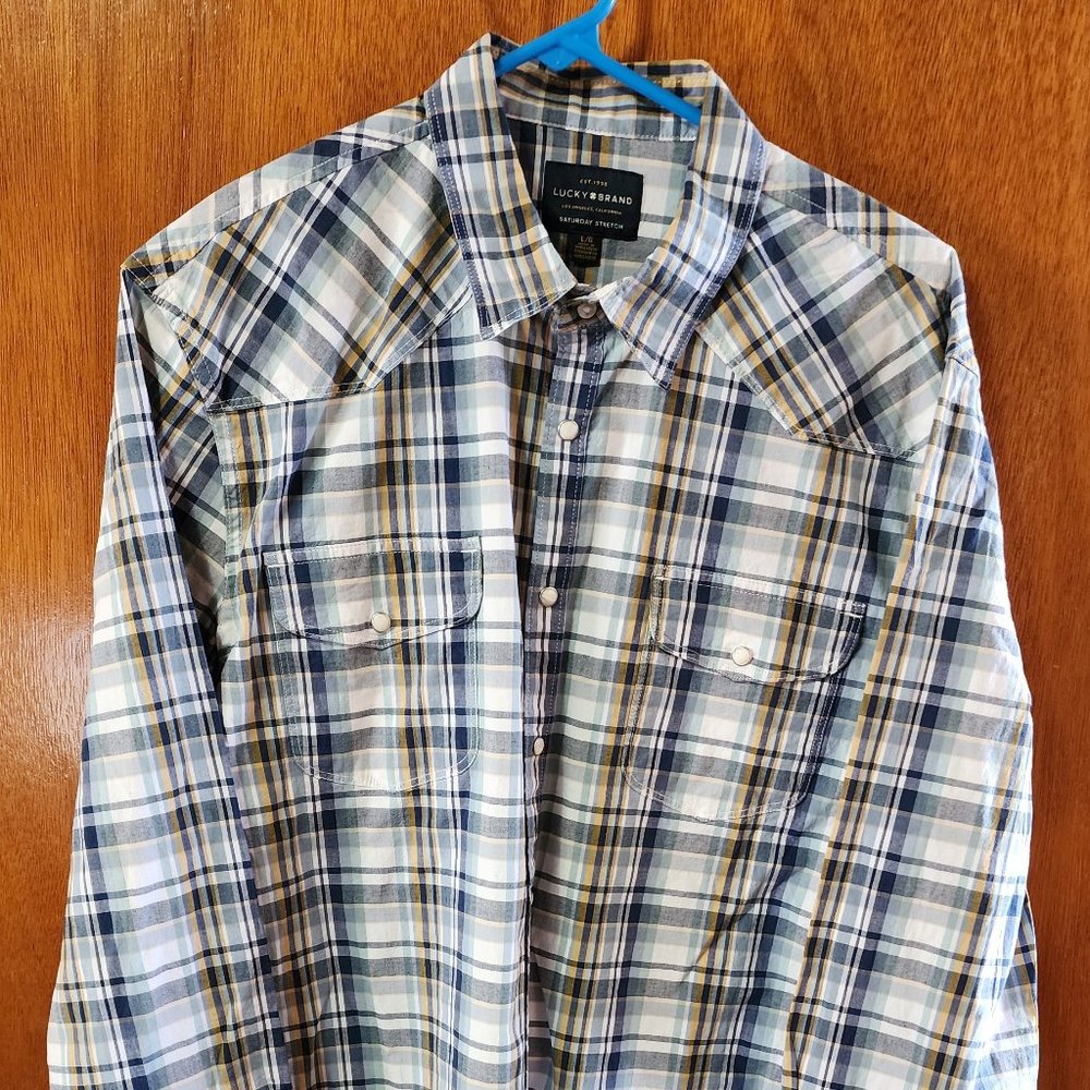 Men's Large Lucky Brand Blue Yellow Plaid Long Sleeve Pearl Snap  Down Shirt